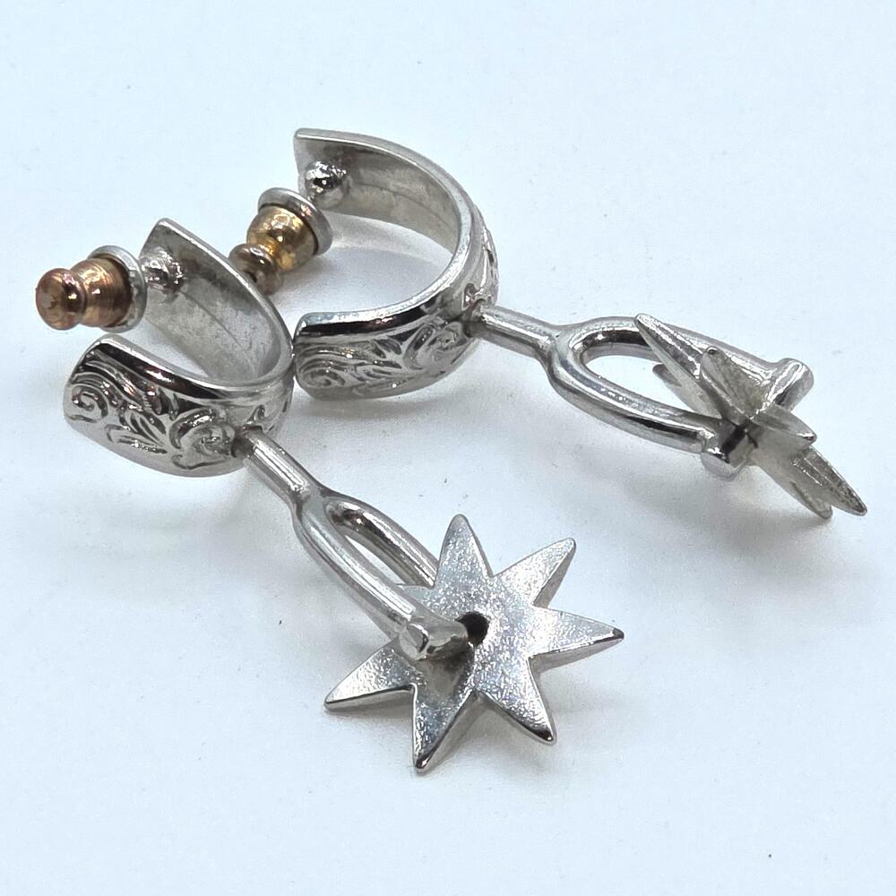 Western Cowboy Boot Spur Half Hoop Post Earrings Moving Star Rowel Vintage